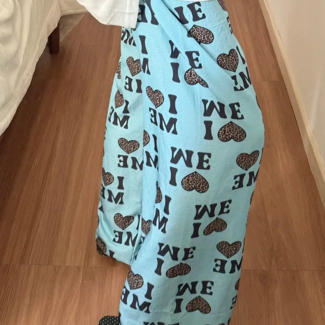 Women New American‑Style Leopard Heart Print Pajama Pants Ins Korean‑Style Loose Laid‑Back Long Lounge Trousers Wear‑Outside Wal