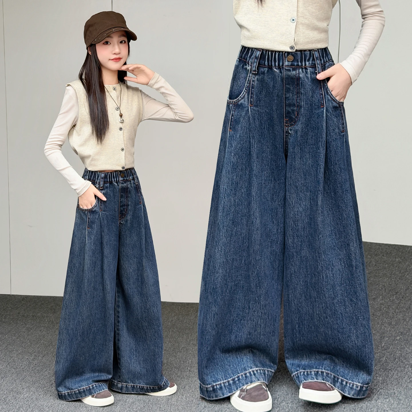 Daily Tween Girls Straight Jeans Plead Design Denim Kids Casual Fashion Spring Autumn Simple Long Loose Fit Trousers Ages 4-14Y