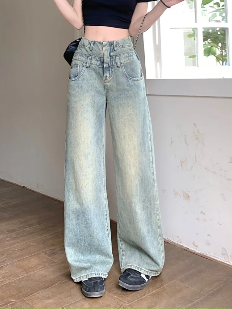 Eleganckie damskie spodnie z szerokimi nogawkami, wygodne, nowość, długie do podłogi, luźny krój, wyszczuplające jeansy, spodnie z wysokim stanem.