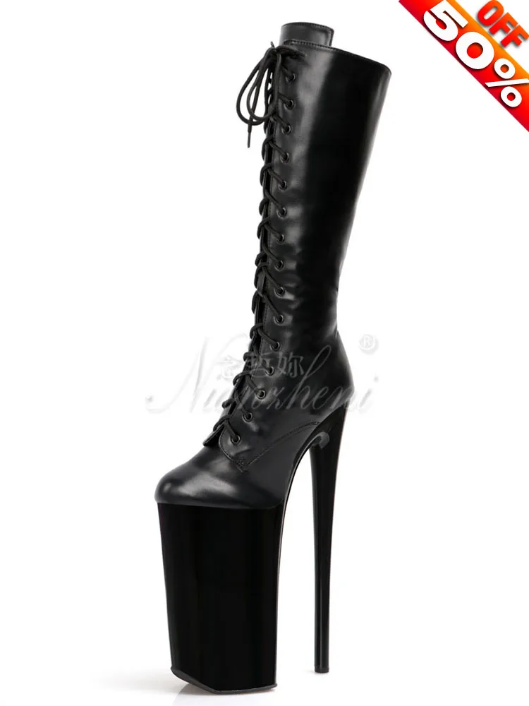 Round Toe 26cm Platform Boots Exotic Lace Up Strip Pole Dance Sexy Fetish High Stripper Heels 10Inch Women's Shoes Gothic