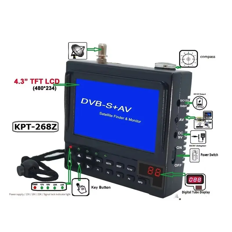 

AT41 DVB-S 4.3 Inch TV Receiver Meter KPT-268Z Digital For Satellite Monitor Full HD DVB-S Sat Finder Portable Meter