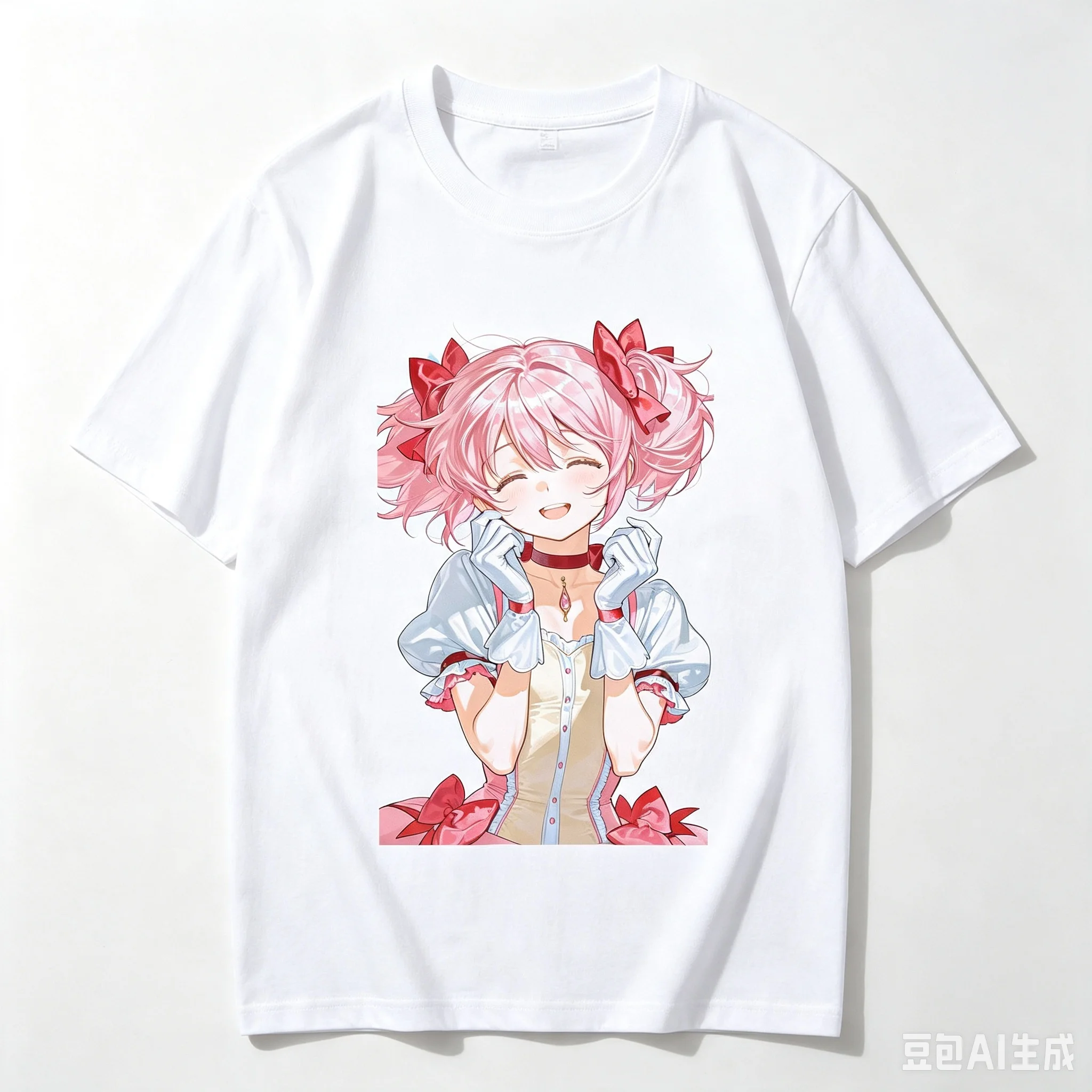 Madoka Kaname Magical Girl Costume Smiling Bust Anime Cutout Graphic Crew Neck Short Sleeve Comfortable Women And Men T-Shirt