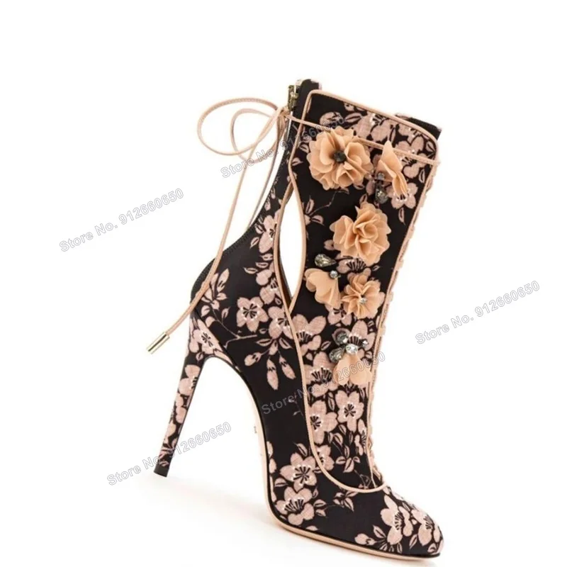 Moraima Back Zipper Lace Up Flower Decor Boots for Women Black Blue Mixed Color Fashion Runway Shoes Wedding Shoes on Heels