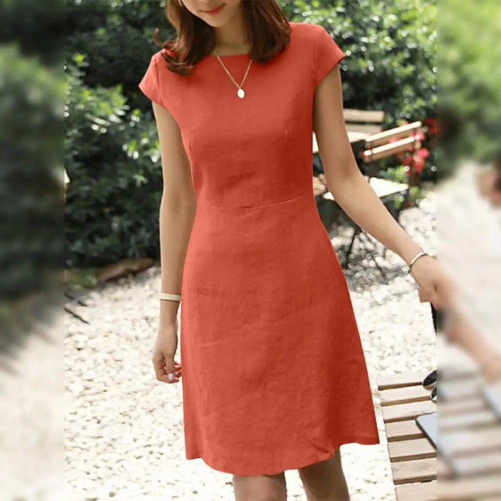 Natural Cotton Women short Dress Round Neck Short Sleeved Dress V Zipper Elegant Backless Dress Casual Pure Color Mini Dresses