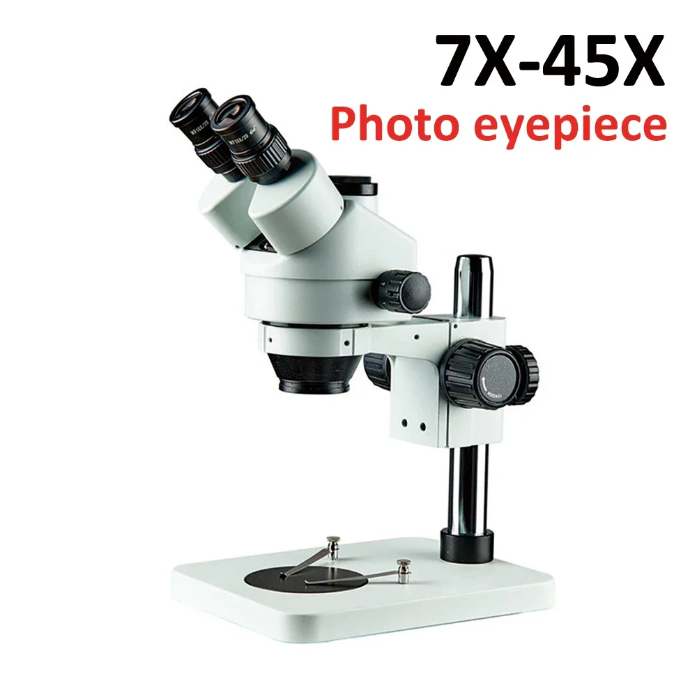 Trinocular Body Vision Microscope Laboratory Industrial Manufacturing Repair Optical Glass Lens 7X-45X HD Focused Display