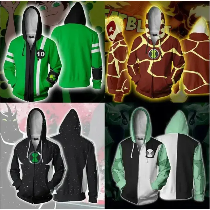 Ben10 Alien Force Hoodie Halloween Cosplay Costume Boys Kids Adult 3D Print Long Sleeve Hooded Jacket Zipper Sweatshirt