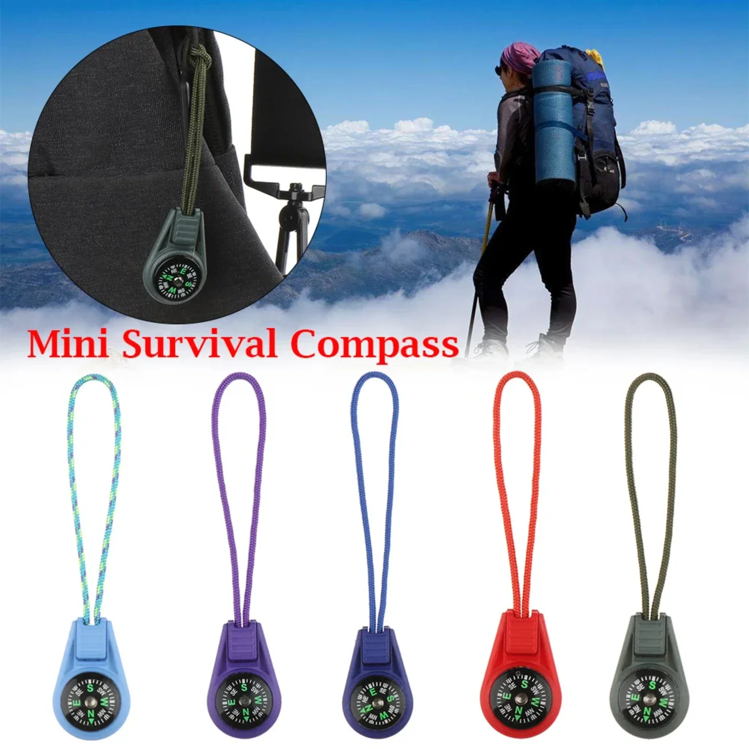 2Pcs Zipper Tail Rope Pocket Compasses Camping Hiking EDC Mini Compass  Paracord Bracelet Gear Survival Keychain Outdoor Tool