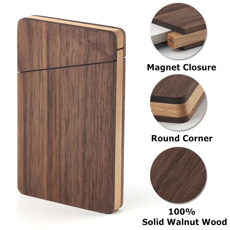 Walnut Wood ID Name Card Sleeve for Men Women Office Wooden Business Card Holder Portable Magnetic Closure Business Card Case view 2