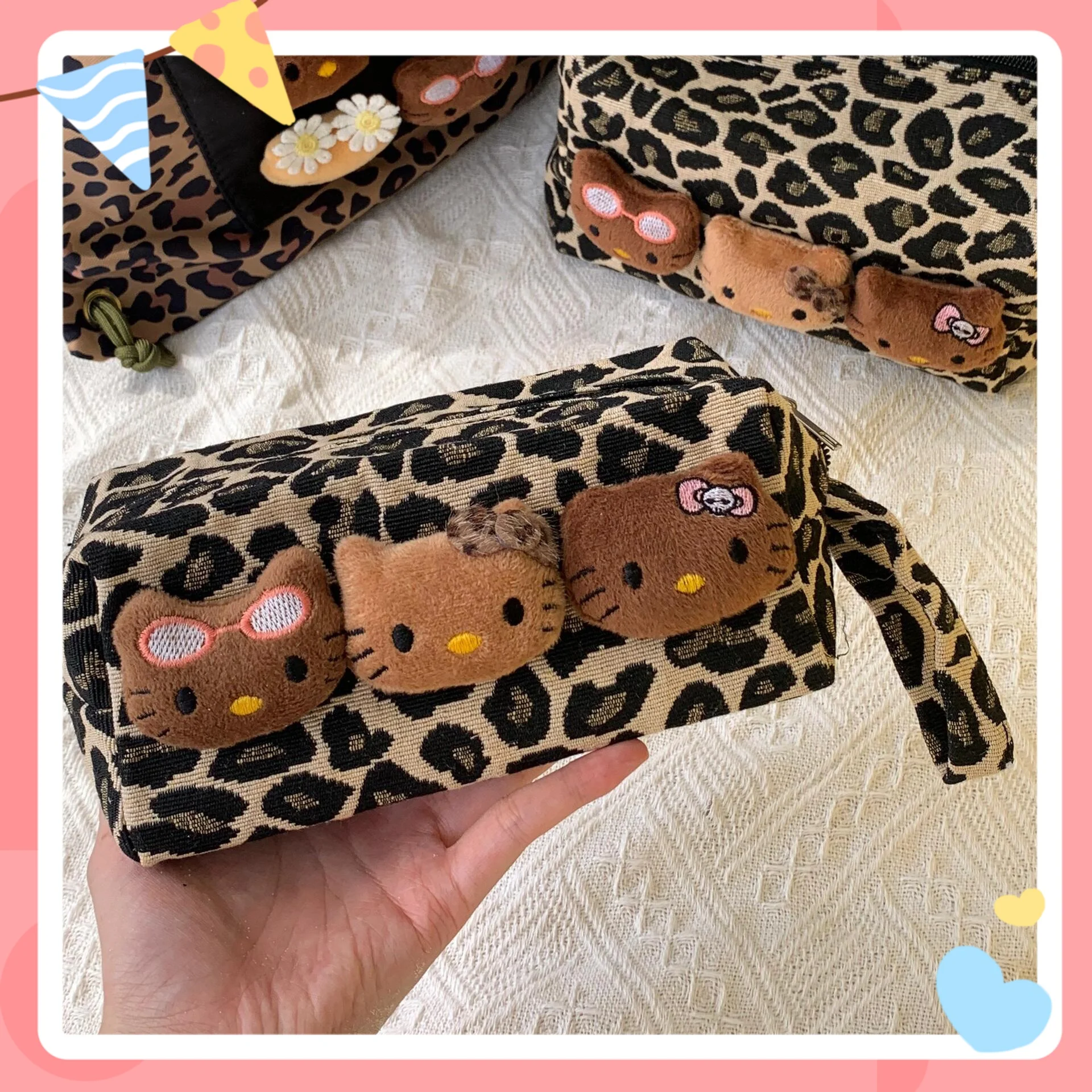

hello kitty leopard print cute cat cosmetic bag women large capacity portable travel handbag cartoon anime birthday gift kawaii