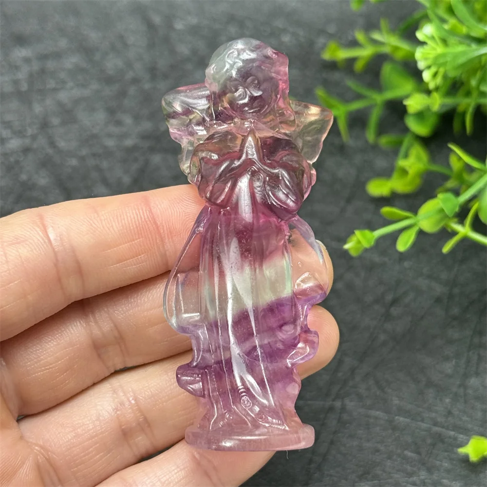 Natural Candy Fluorite Angel Carving Crafts Polished Aura Healing Home Room Decoration Prayer Feng Shui Ornaments