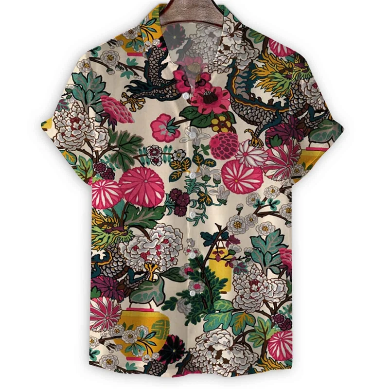 Oriental Dragon Birds Hawaiian Shirt Men 3d Print Flower Short Sleeve Summer Lapel Button Shirts Top Street Oversized Blouse