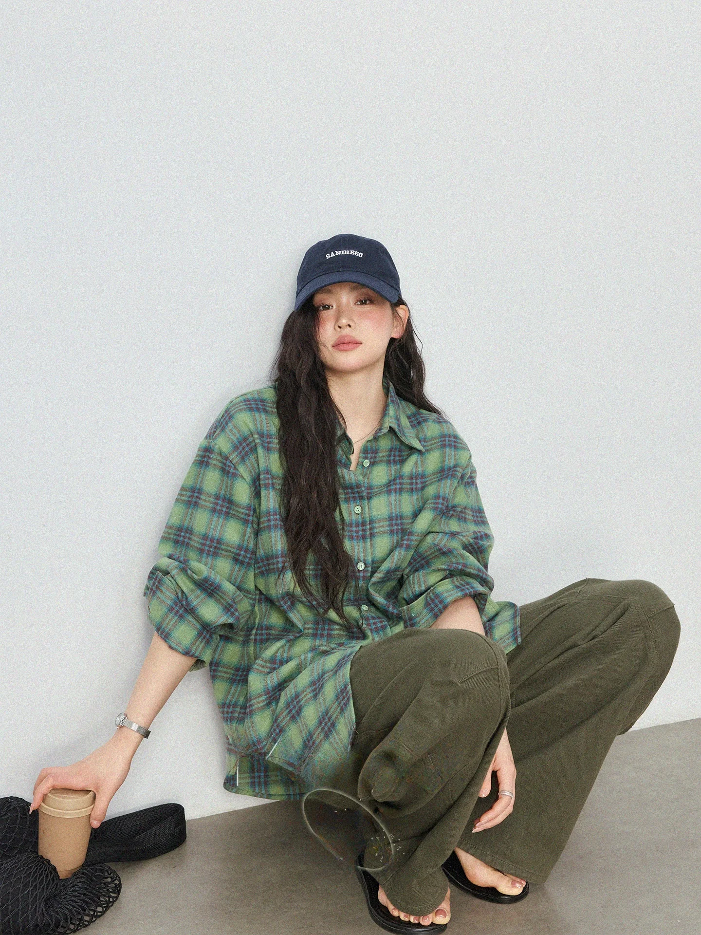 

plus Size American Retro Plaid Long Sleeve Collar Shirt Women's plus Size Clothing Meat Concealing Slimming Outerwear