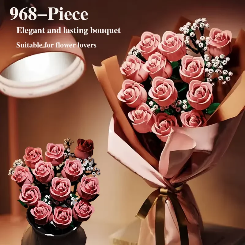 Bloques de construcción de rosas rosas, juegos de ladrillos, decoración de flores artificiales, aniversario, días especiales, vacaciones, día de la madre, regalo de cumpleaños, 968 Uds.