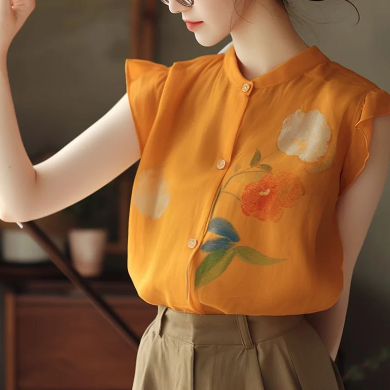 Tempérament d'été Prairie Chic boutons col roulé Blouse femme mode impression chemises 2025 nouvelle tendance florale mince haut t-shirt