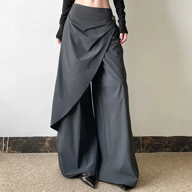 Gepersonaliseerde wijde pijpen broek dames nieuwe retro grijze geplooide casual broek hoge taille losse knop mode elegante kleding