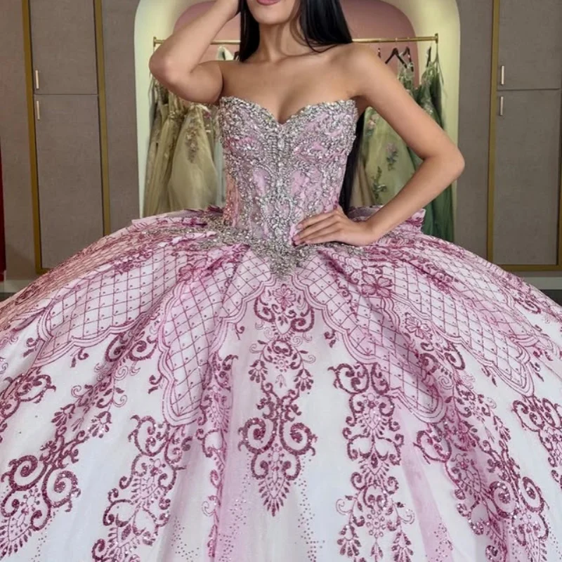 

Shiny Pink Quinceanera Dress off-shoulder glitter glitter crystal decal Lace Big Bow vestidos de 15 Quinceanera ﻿Customize