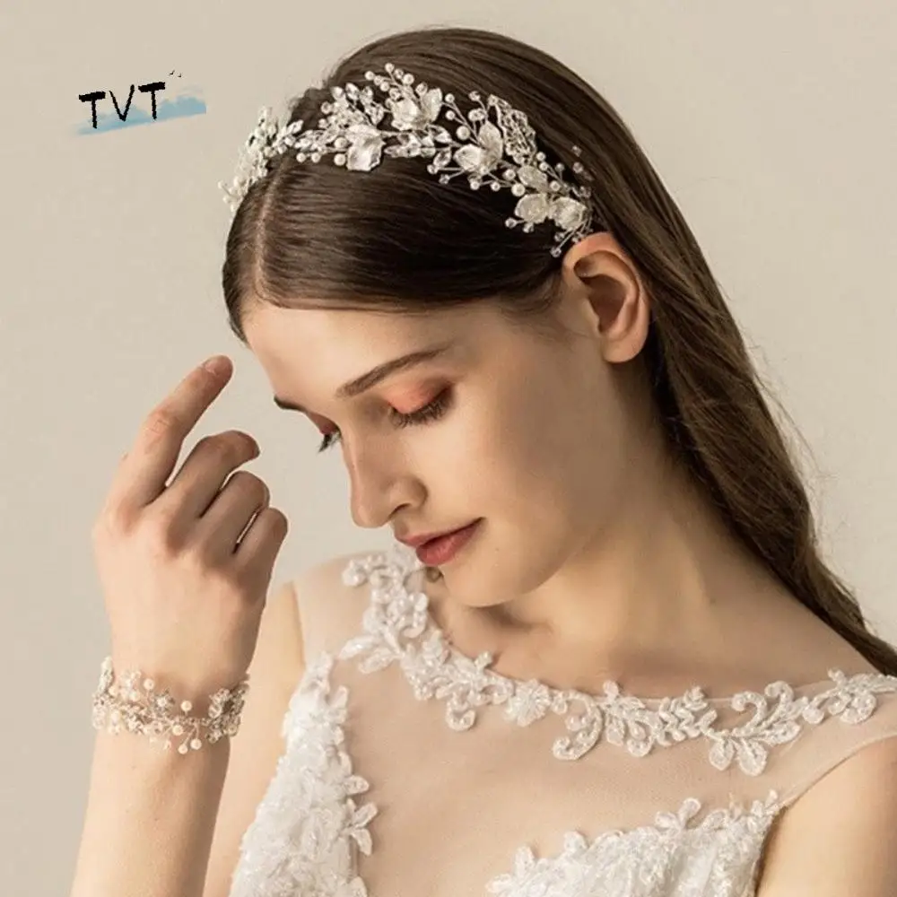 

Fairy Beaded Bride Wedding Tiaras Flower Pearl Bridal Headwear Alloy Rhinestone Flower Headbands Princess