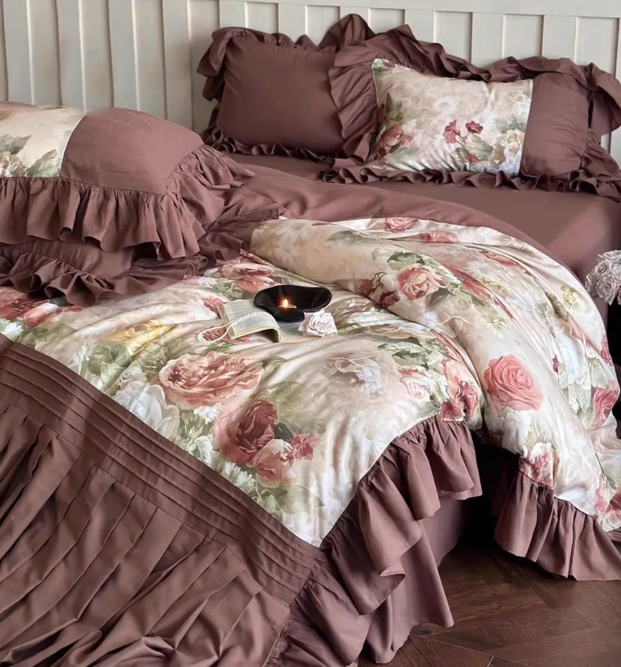 Fairyfair ruffle flower brown green bedding set,full queen king french vintage home textile bed sheet pillow case duvet cover