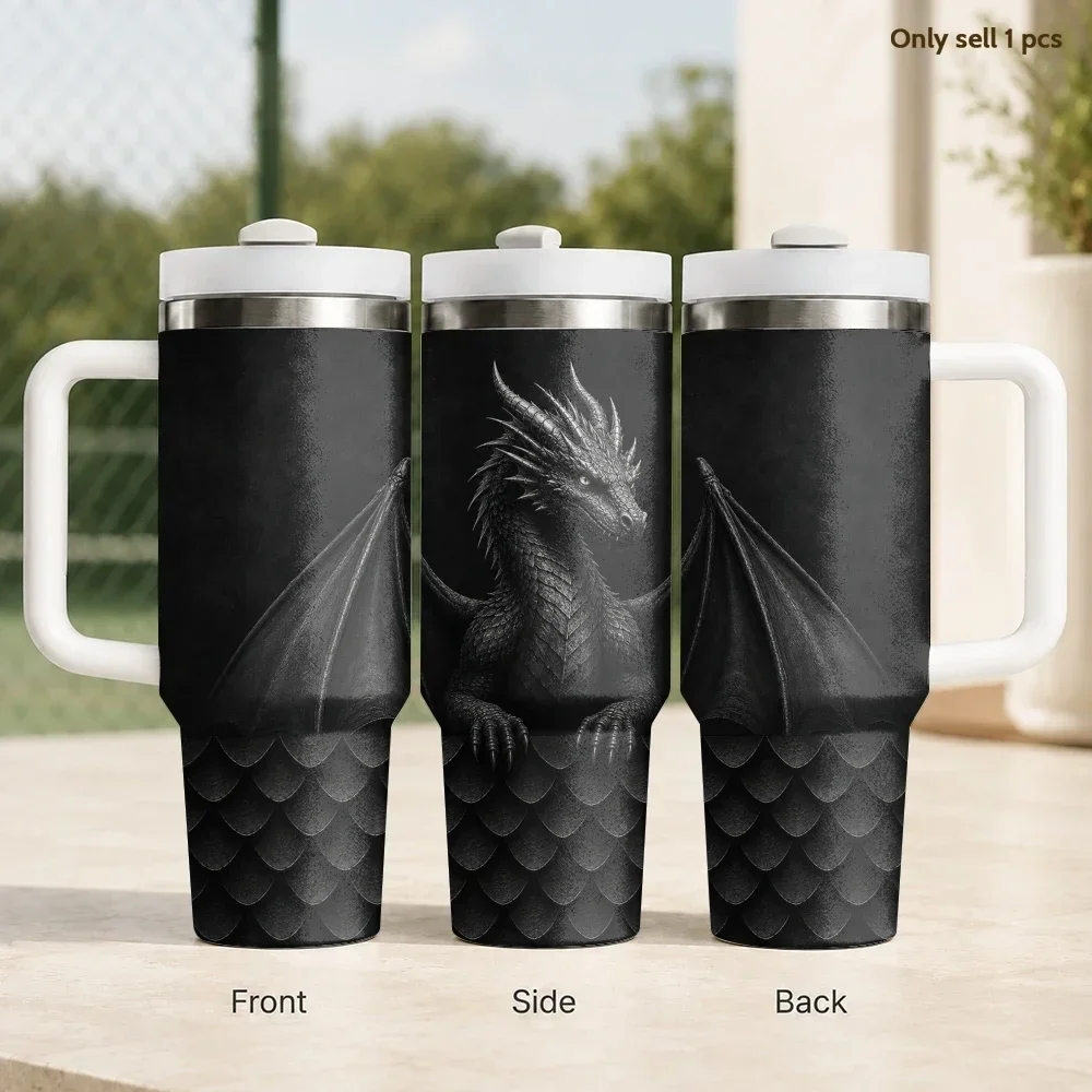 Dragon Design Vacuum Flasks 40oz Stainless Steel Insulated Tumbler with Handle & Straw Leakproof Travel Mug