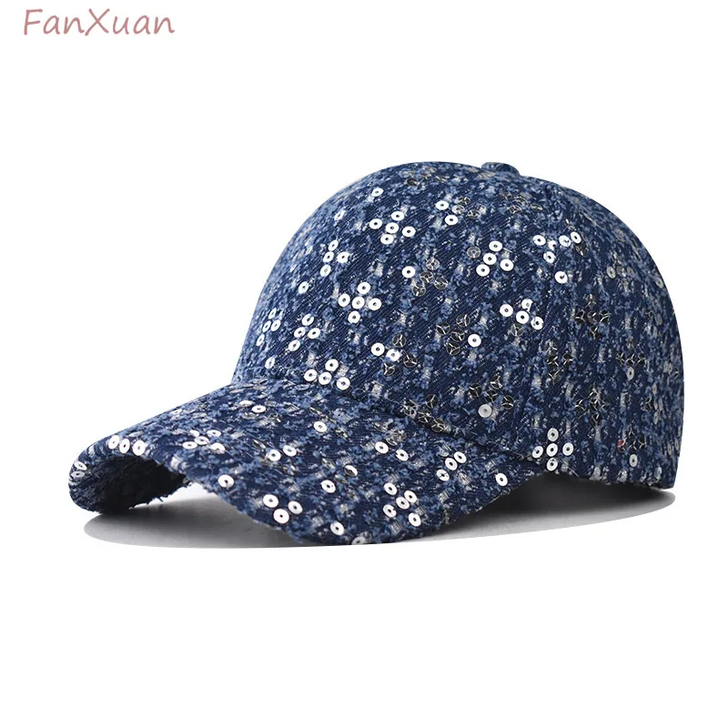 

denim baseball cap for women fashion sequin thicken hard top spring summer caps female