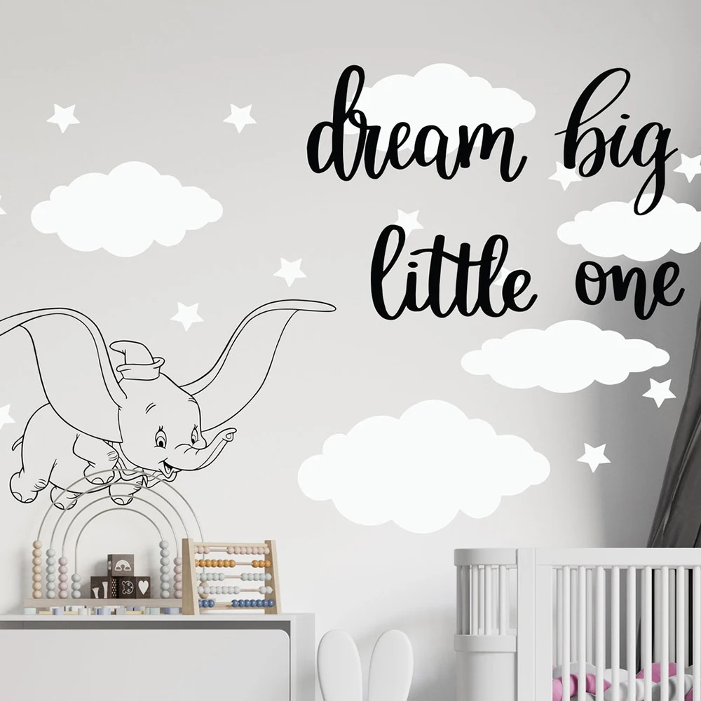 Cartoon Dumbo Dream Big Little One Star Wall Sticker Baby Nursery Kids Room Elephant Inspirational Cloud Wall Decal