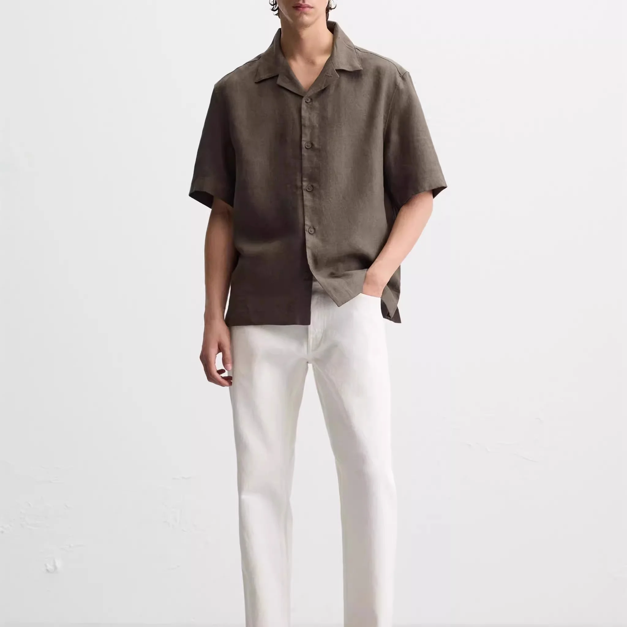 

New 2025 Summer Men's Casual Comfortable ort Sve Linen irt Multicolor Side Slit Loose Fit Youth Daily Wear Regular Length