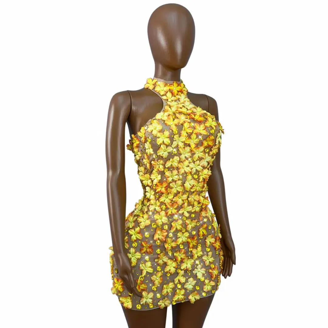 Fengyehua Halter High Neck 3D Floral Rhinestone Mini Dress Sheer Mesh Bodycon Women Stage Performance Party Costume