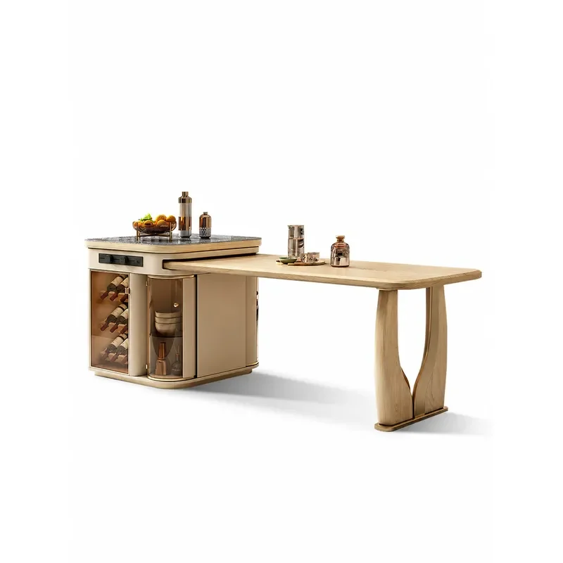 Luxury Island Dining Table with Retractable Rock Slab and Ash Wood Countertop High End Dual Purpose Household Furniture