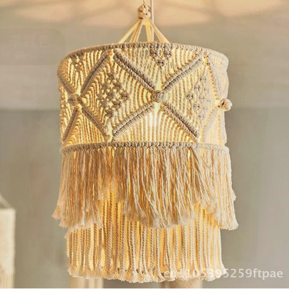 Nordic Style Handwoven Cotton Rope Woven Lampshade Wall Hanging Decoration Rectangular Pendant Light for Room Study Balcony