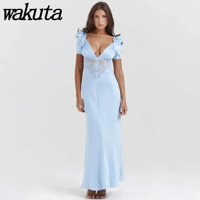 

Wakuta Sexy Women's Deep V Neck Lace Spliced Long Gowns Puff Sleeve Slim Banquet Party Evening Vestidos De Graduación New 2024