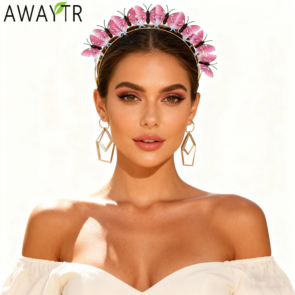 

AWAYTR Pink & White Butterfly Hairband Double-layer Alloy Hair Bands Plastic Hoop Braided Headband For Girls Festival Headwear