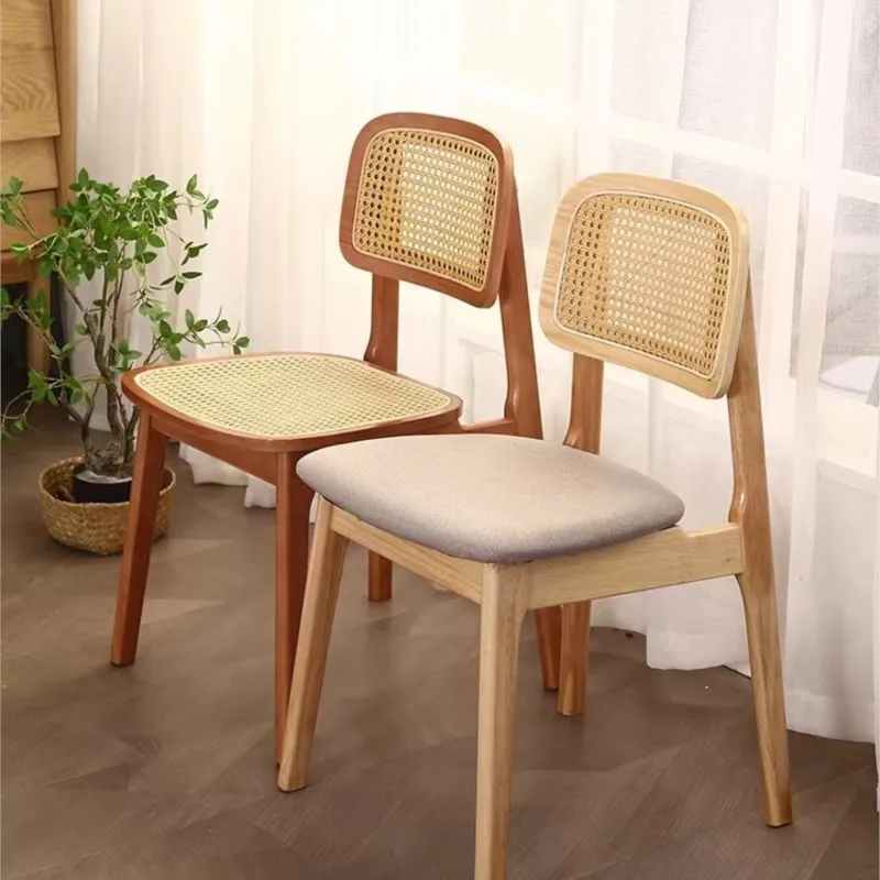 IHOME Solid Wood Dining Chair Scandinavian Rattan Woven Chair Changdigar Table Stool Household Back Chair French Retro Furniture