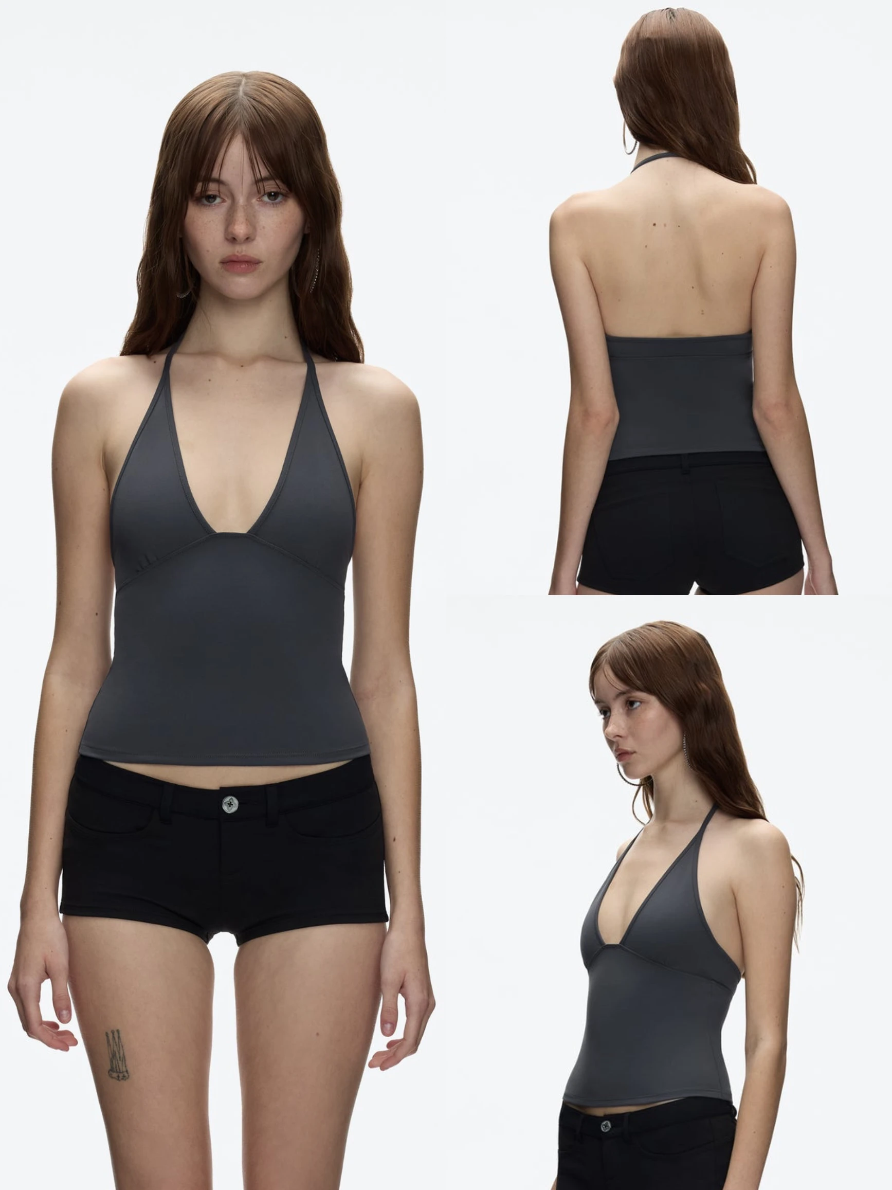 Tank Dark Gray Triangular Backless Tight-Fitting Halter Top Sexy Low V-Neck Off-Shoulder Halter Elastic Knitted Short Sports Vest