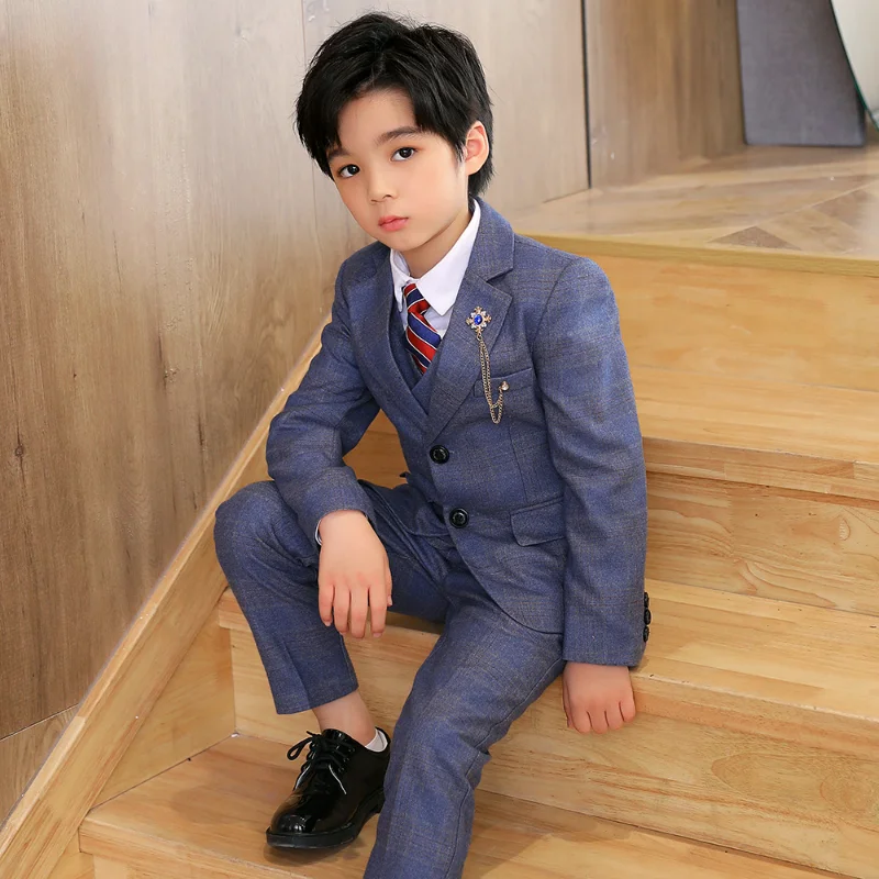 

High Quality Boys Plaid Wedding Suits Kids Morning Coat Formal Dress Child Tuxedos Blazer Clothes Sets Toddler School Uniforms