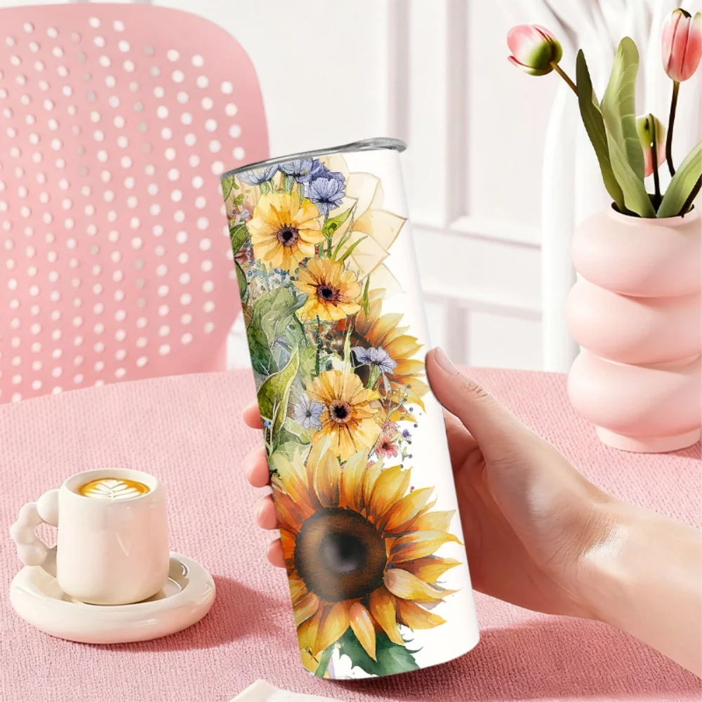 1pc 20oz straw water bottle, insulated stainless steel water cup with a sloth smiling among sunflowers design.