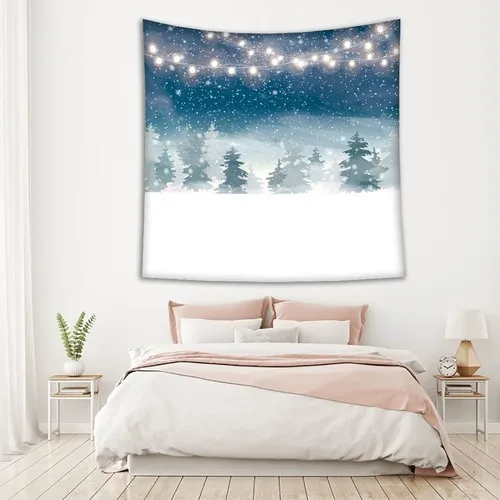 Henge Christmas Theme Snow Pine Pattern Blue White Wall Curtain-Wall Cover