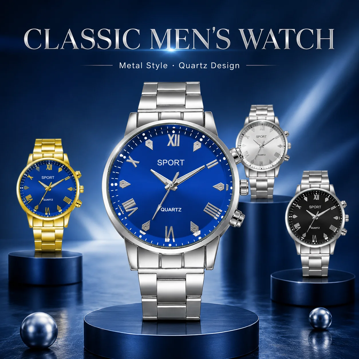 Men's Quartz Analog Watch with Metal Bracelet, Roman Numeral Dial Business Casual Wristwatch
