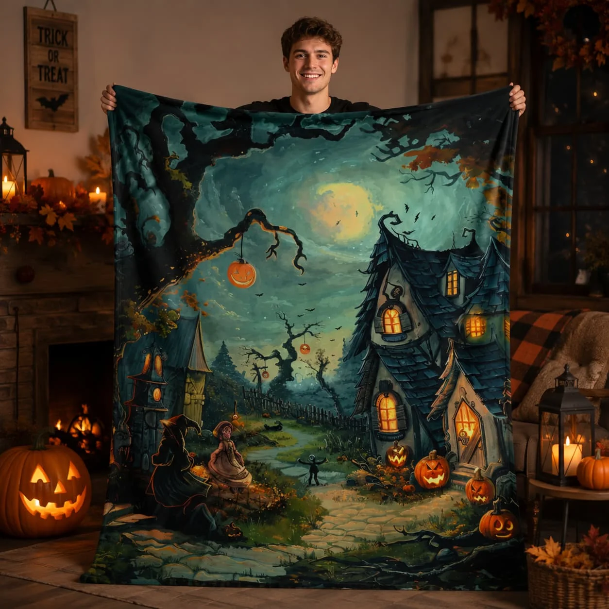 Halloween Blanket: Haunted Village and Pumpkin Scene (Cozy Throw Sizes)