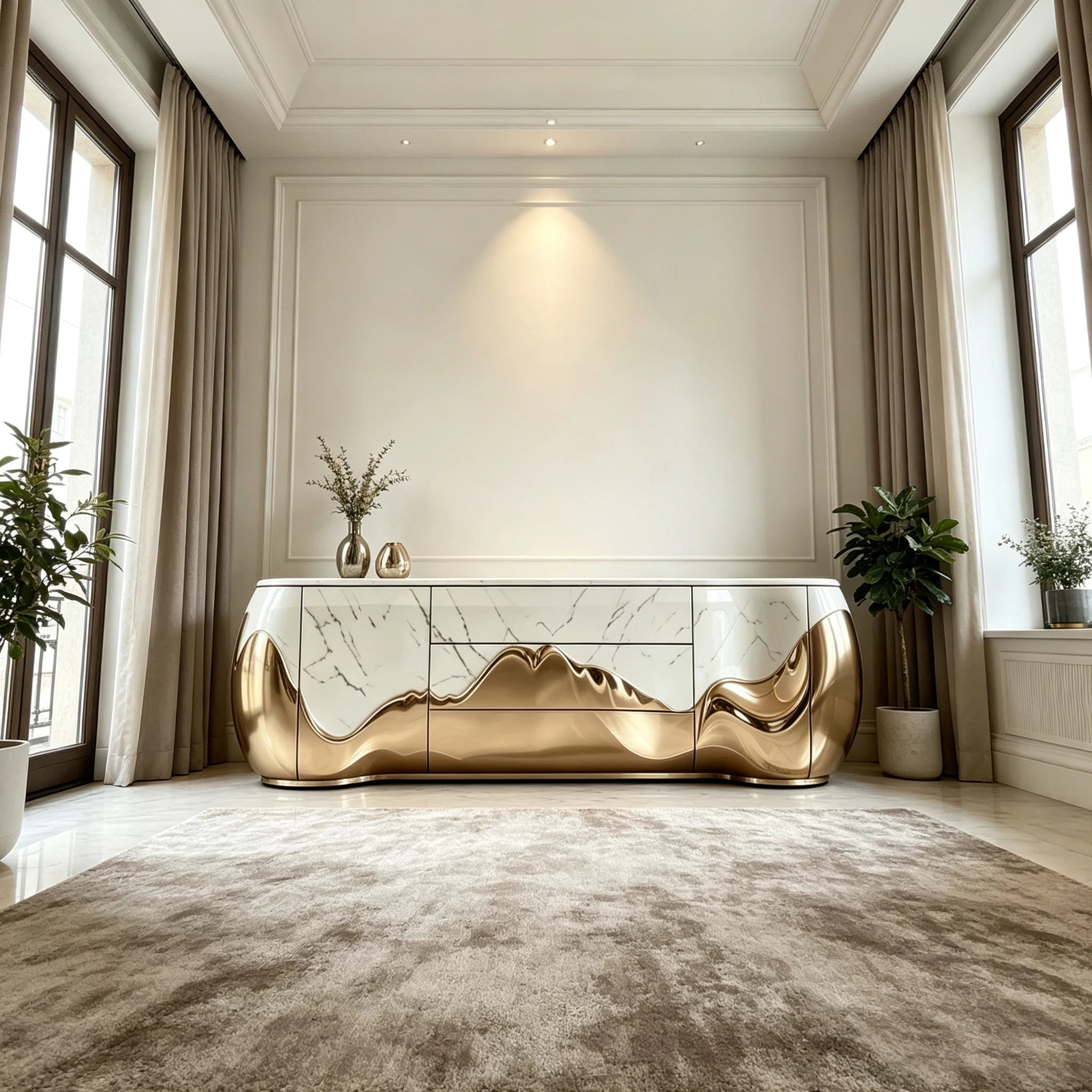 M*-White Marble Texture Fiberglass Cabinet Polished Mountain Gold Curved Sides Mixed Drawer for Villa Living Room Decor