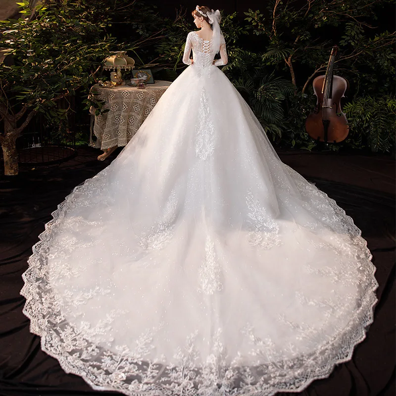 LYG-TD69 #Sweep/ Brush Train Lace Up Mermaid/Trumpet Wedding Dresses (Embroidered Lace on Net