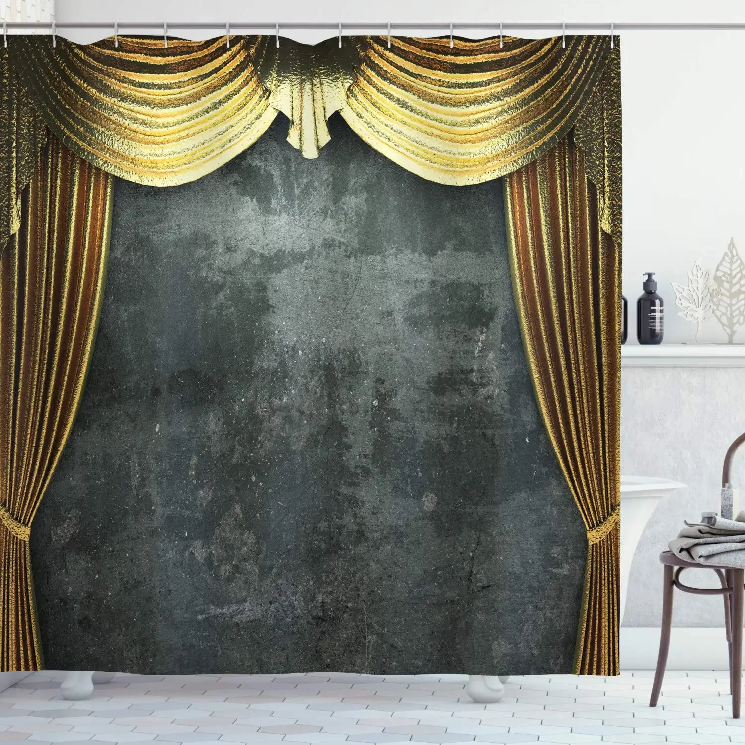 Opera Shower Curtain,Vintage Grunge Theater Stage Classical Design Illustration Medieval Baroque Cloth Fabric Bathroom Decor Set