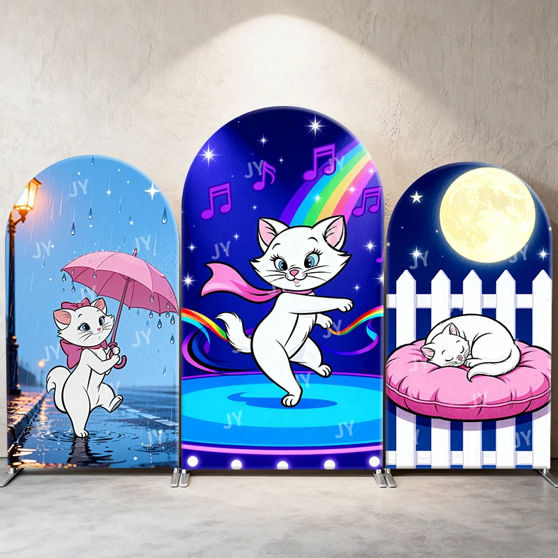 

Marie Cat Arch Backdrop Cover Umbrella Rainbow Moon Scene Cartoon Theme Kids Birthday Baby Shower Photo Booth Decor Background