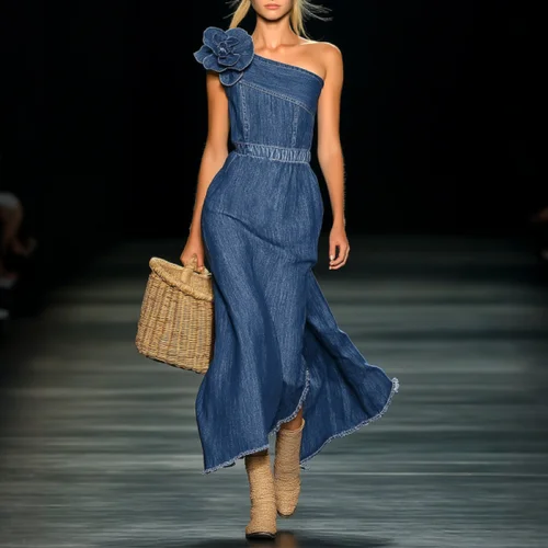 Imagen 1 del producto Vestido largo elegante sin tirantes de mezclilla con flores 3D, corte entallado, diseño de cintura alta, tela vaquera suave, apliques florales románticos