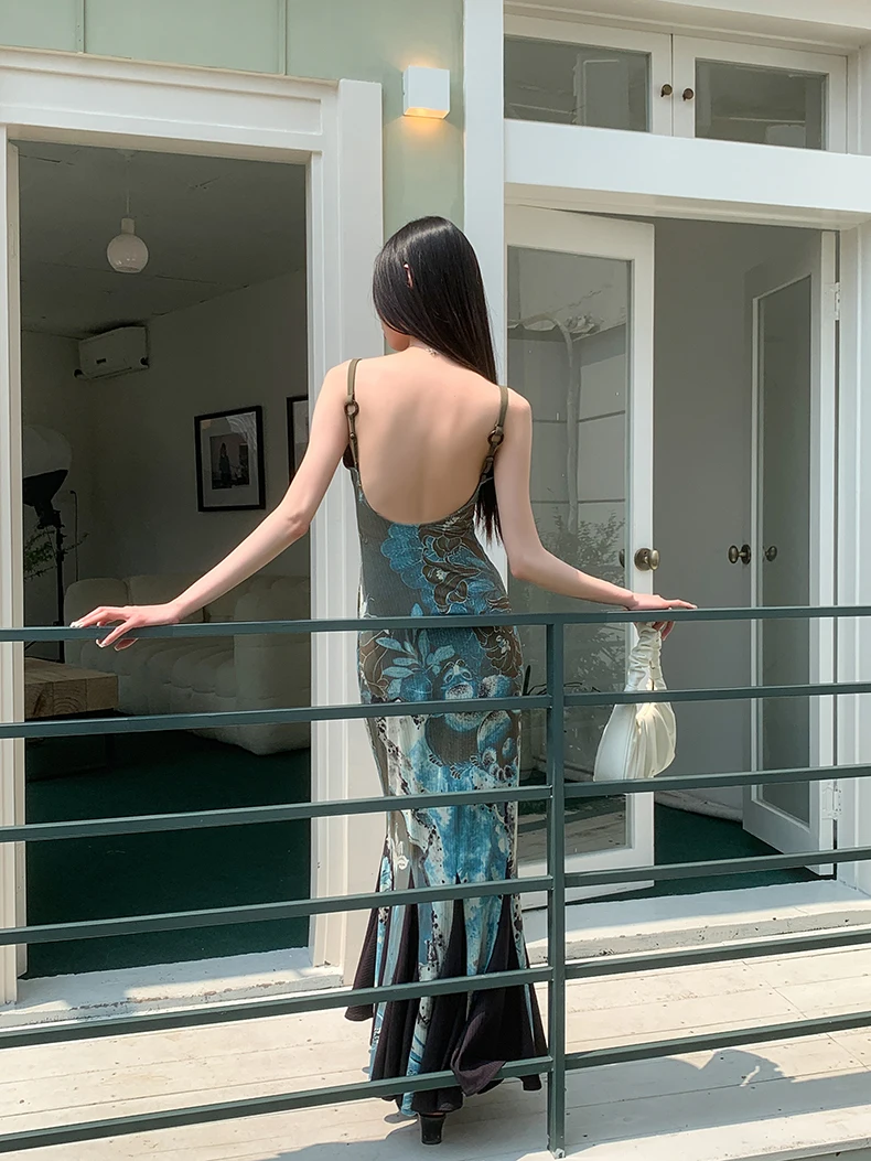 Cheerart Mermaid Tank Dress Summer Long Green Party Night Backless Maxi Floral Dress Party Evening Elegant Luxury Celebrity 2023