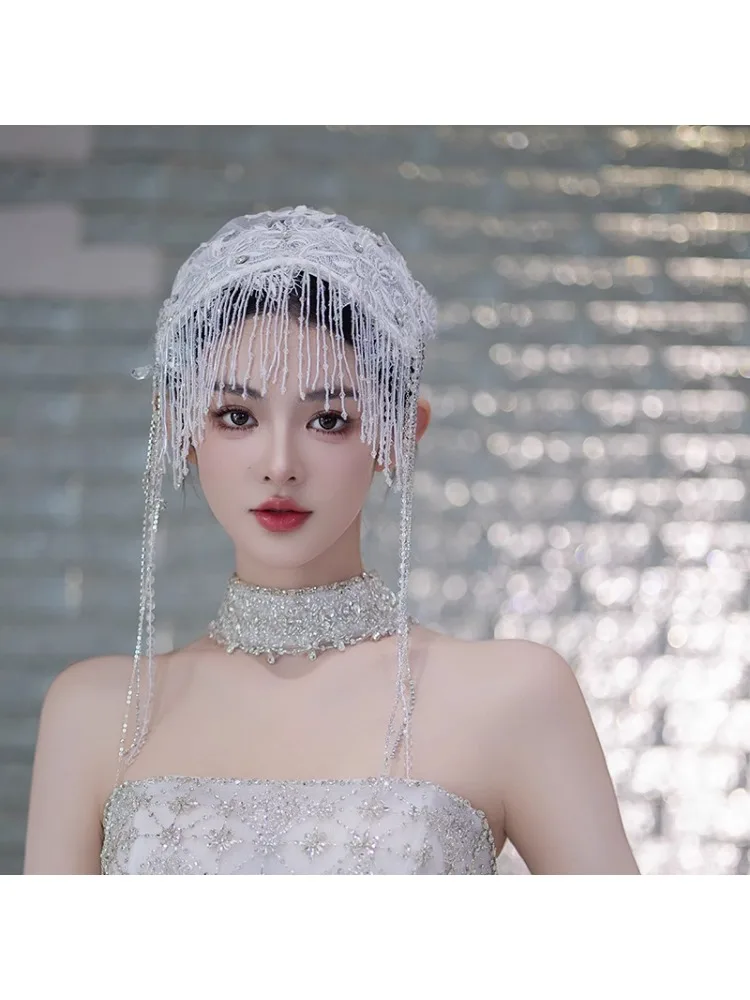 ブライダルヘッドドレスフレンチレースメッシュフリンジヘッドバンド帽子シンプルなウェディングドレスアクセサリー