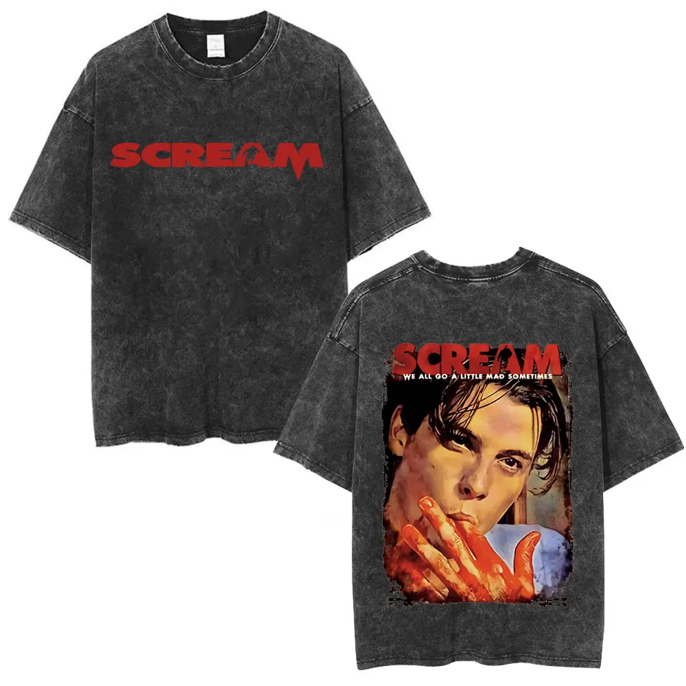 

Washed Vintage Horror Movie Scream T-shirt Billy Loomis We All Go A Little Mad Billy Halloween T Shirts Men Oversized Tee Shirt