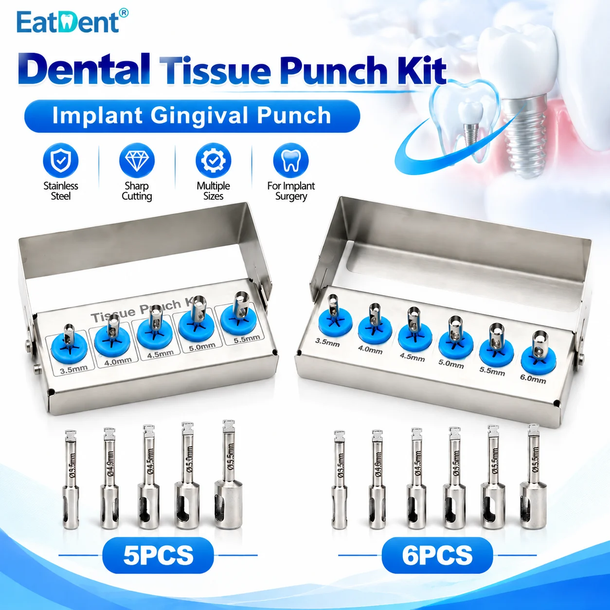 6/5PCS Dental Implant Long Trephine Bur Surgical Implant Dental Implant Tissue Punch Dentistry Lab Product Surgical Instrument