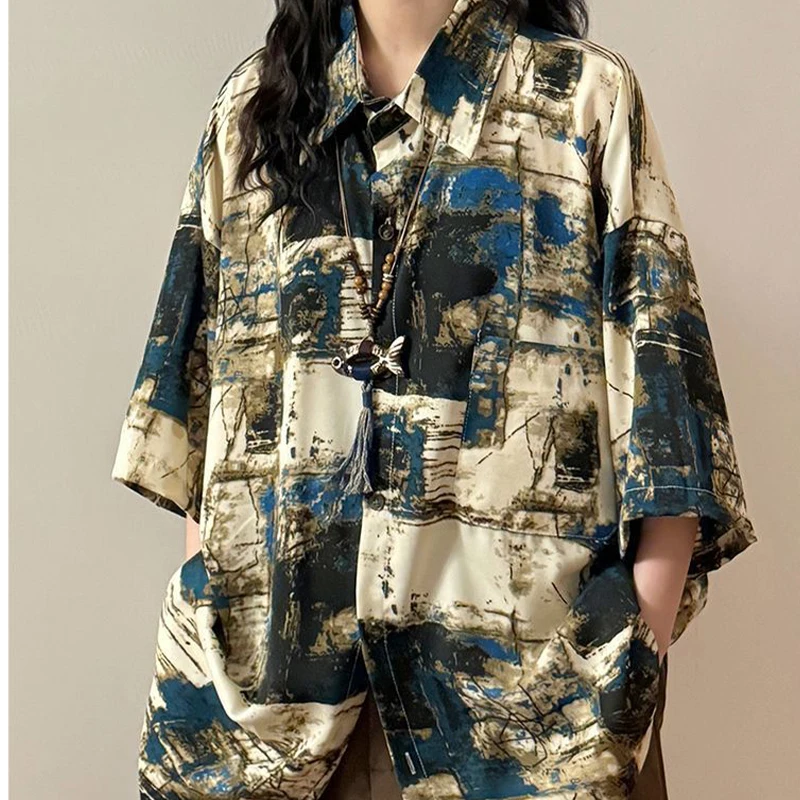 

Summer Casual Korean Fashion Loose Buttons Single Breasted Printing Retro Fashion Simplicity Elegant Trend Short Sleeve Lively