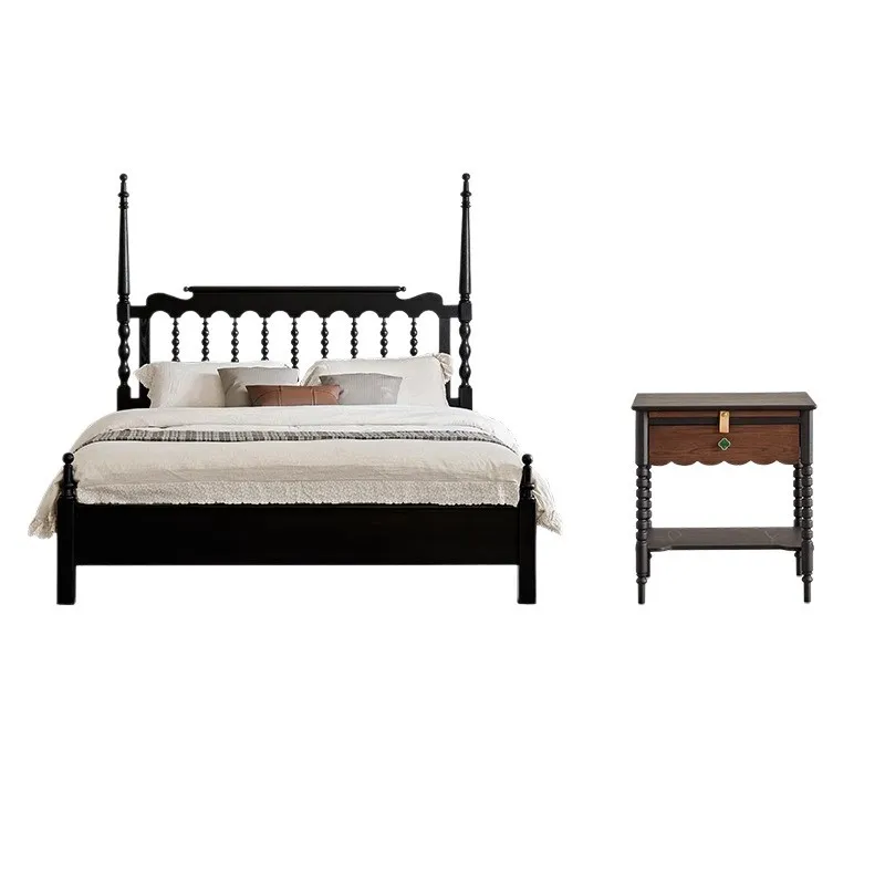 

French retro solid wood master bedroom double bedroom black American 1.8 meters high pillar bed