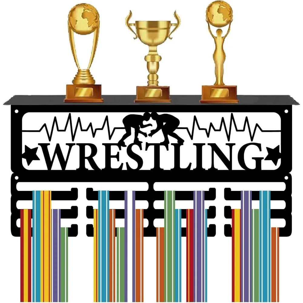 

Вешалка для медалей борцовской, полка для спортивных трофеев с 12 крючками для медалей, держатель для спортивных медалей для настенного крепления, 60 лент для медалей